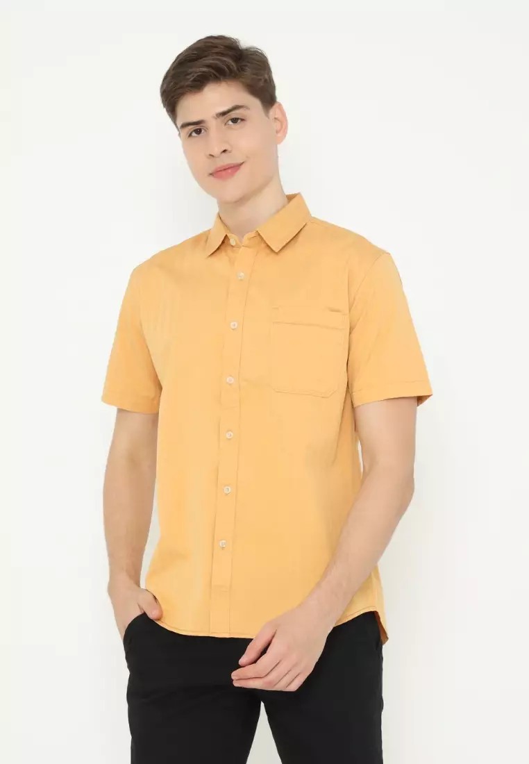 POLICE Kemeja Polos Cotton Corak Herringbone Regular Fit Pria