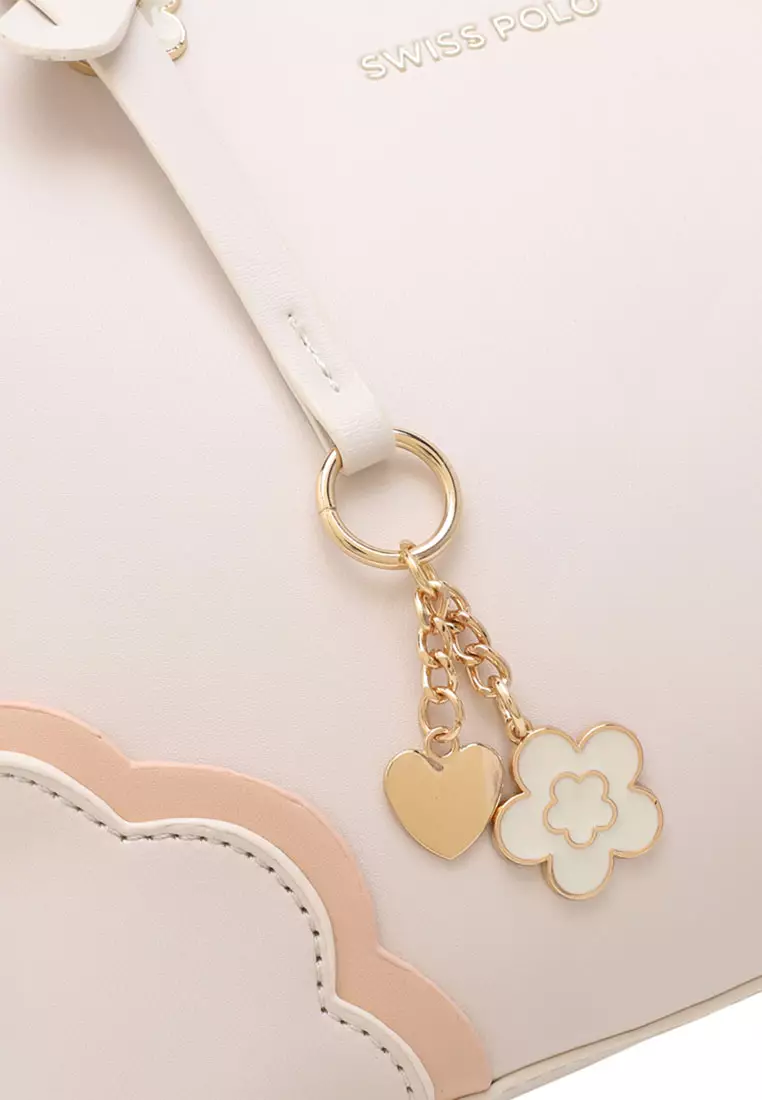 Women's Floral Detail Top Handle Bag / Sling Bag / Crossbody Bag - White