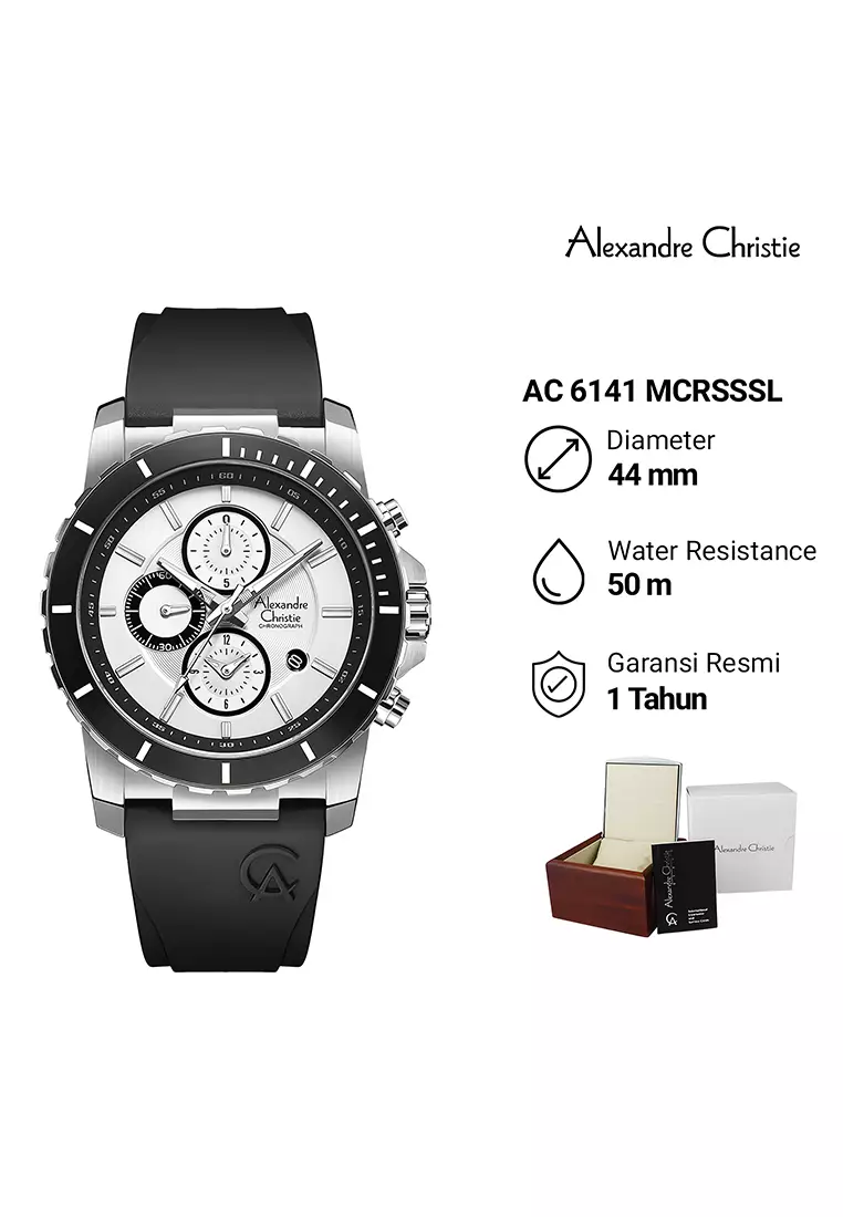 Alexandre Christie - Jam Tangan Chronograph Pria - Silver Case Black Rubber Strap - 6141MCRSSSL