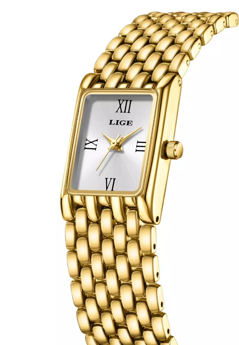Ladies Rectangular Quartz Watch, 29X20mm, IP Gold Color Stainless Steel, Metal Bracelet