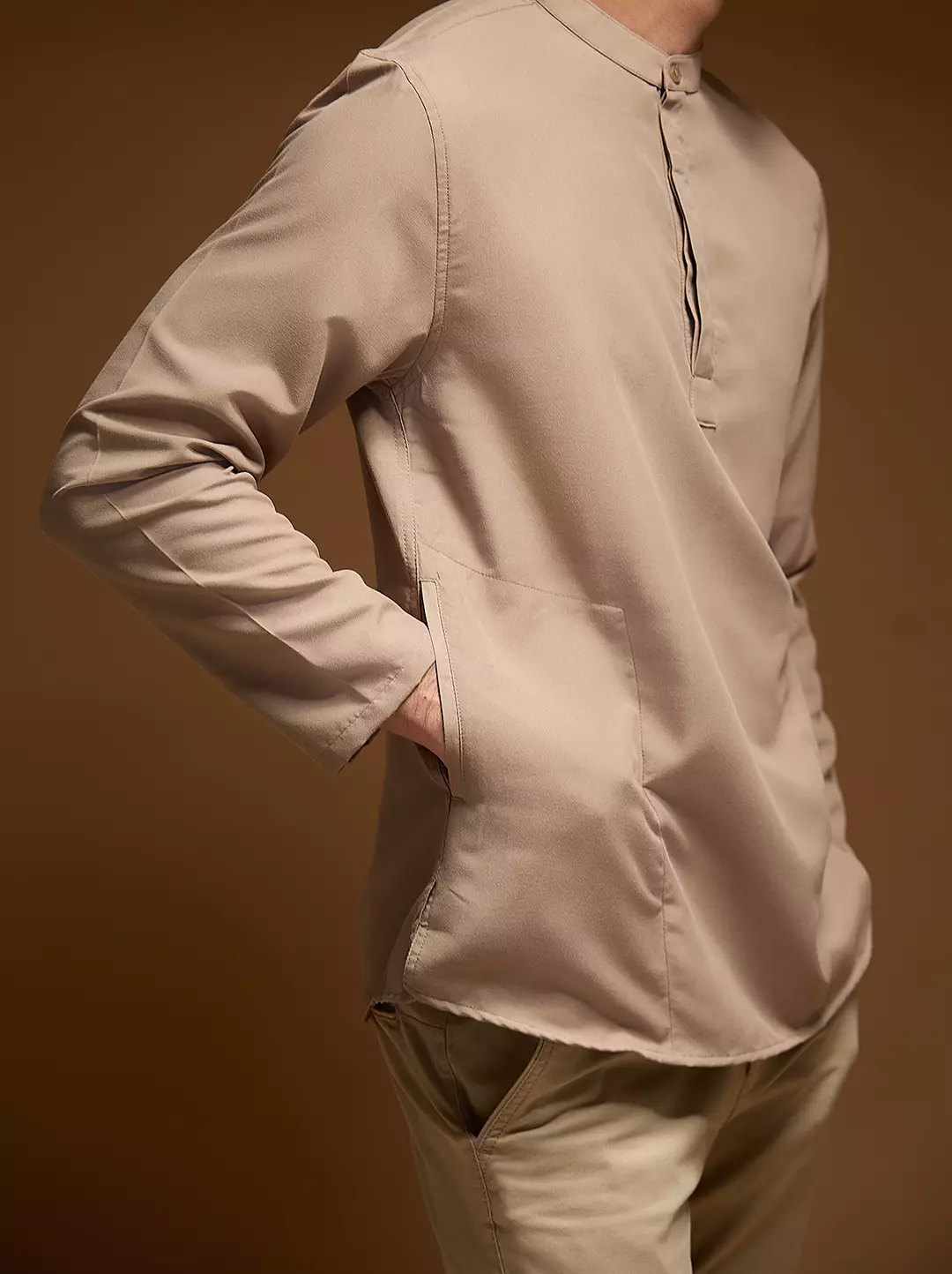 OXCON Kemeja koko Tangan Panjang Collarless Azfar Mocca