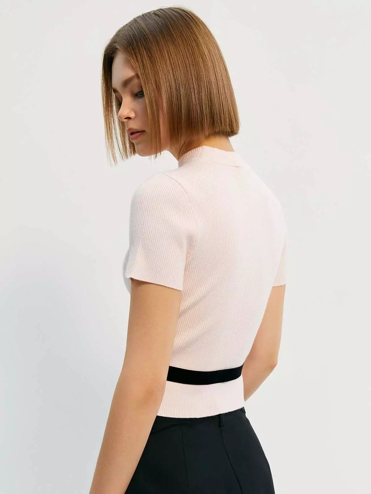 Mock Neck Knit Top with Ribbon Details - Light Pink