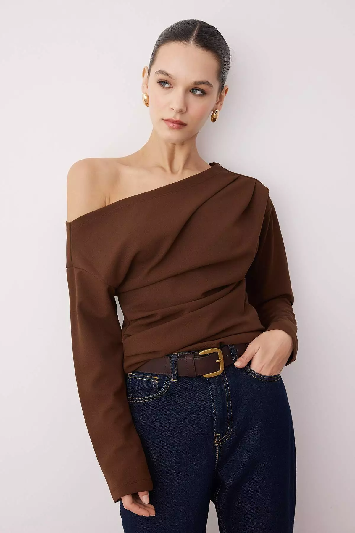 Dark Brown Shirring/Drape Detail Flowy Asymmetric Neckline Knitted Blouse Twoaw26Bz138