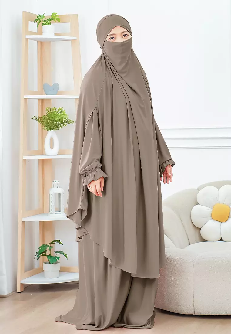 Wafa French Khimar Set | One Set Dress Abaya Syari - Toffee Nut - XL