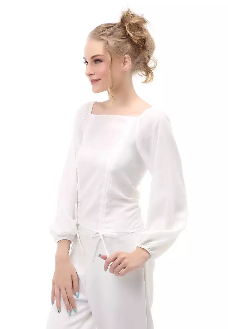 Cheva Blouse Atasan Wanita Sabrina Tali Lengan Panjang Casual Top Long Sleeve Comfortable Material Wolfis ORIGINAL - White