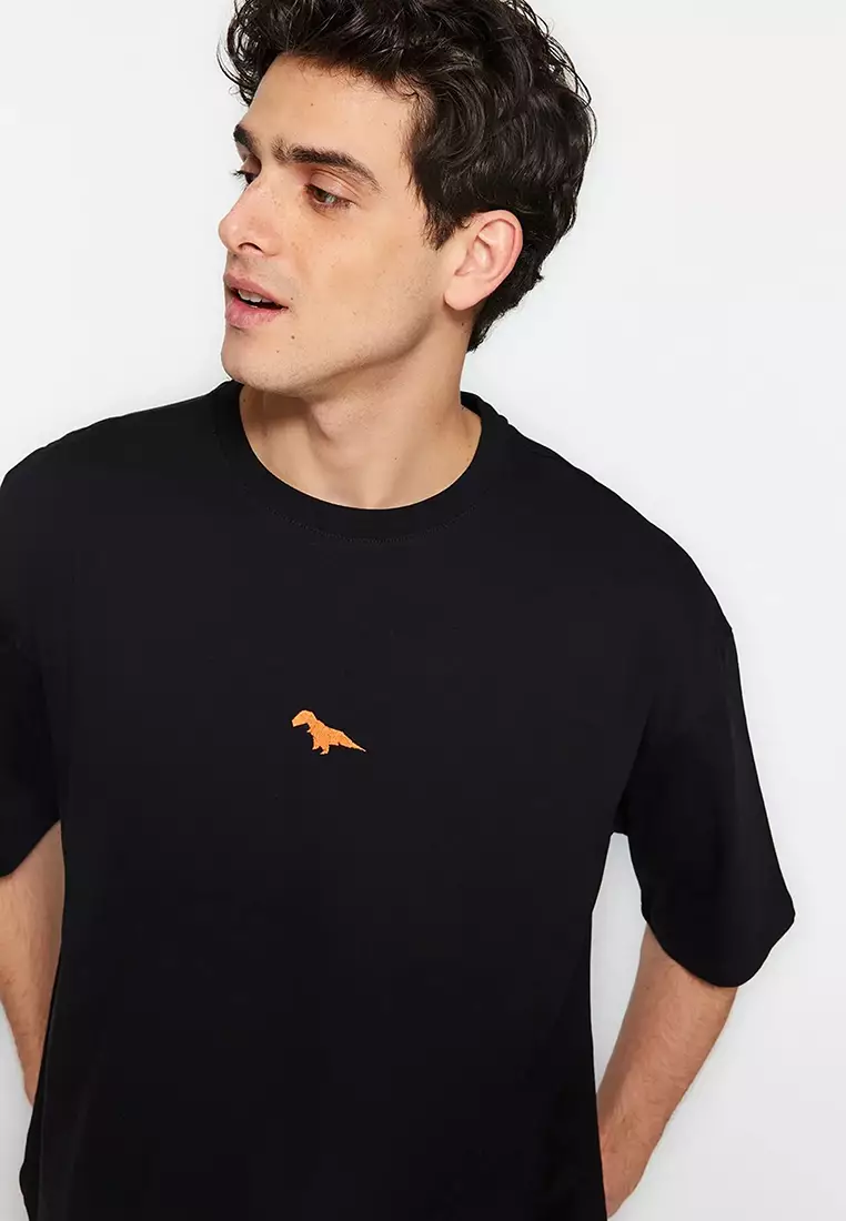 Crew Neck Short Sleeve Dinosaur Embroidered T-Shirt