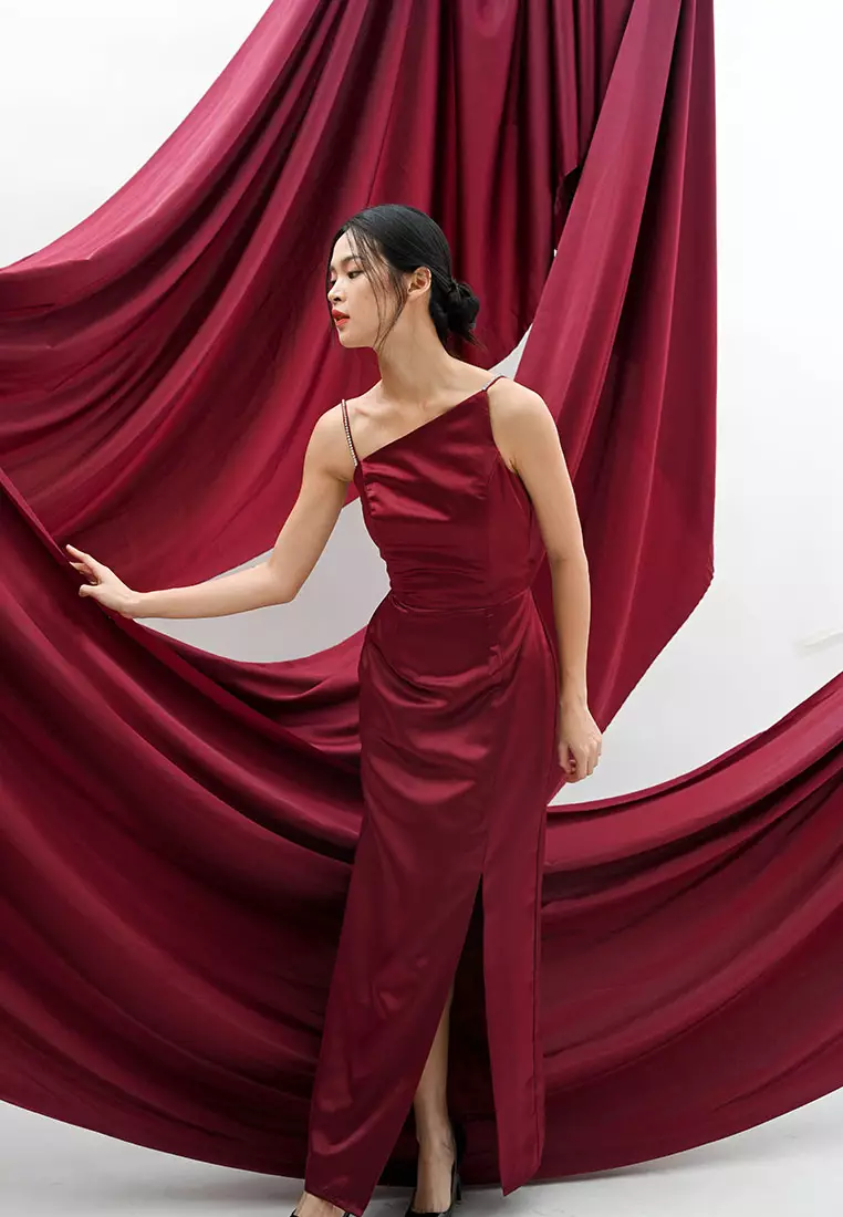 Rhinestone Asymmetric Satin Maxi Dress in Maroon