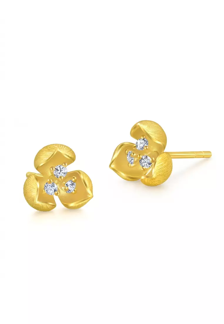 999 24K Solid Gold Cultural Blessings Blossom Stud Earrings with Diamonds for Women 95404E