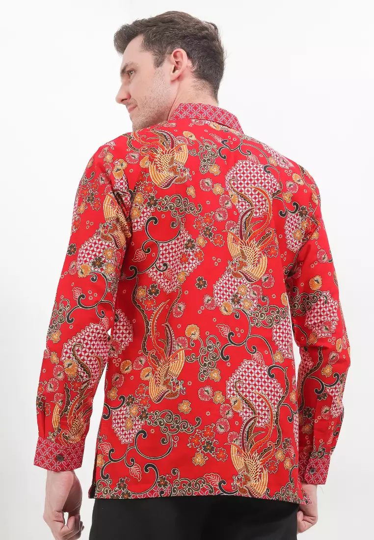 Kemeja Pria Lengan Panjang Batik Luciano Imlek Cheongsam Merah Red