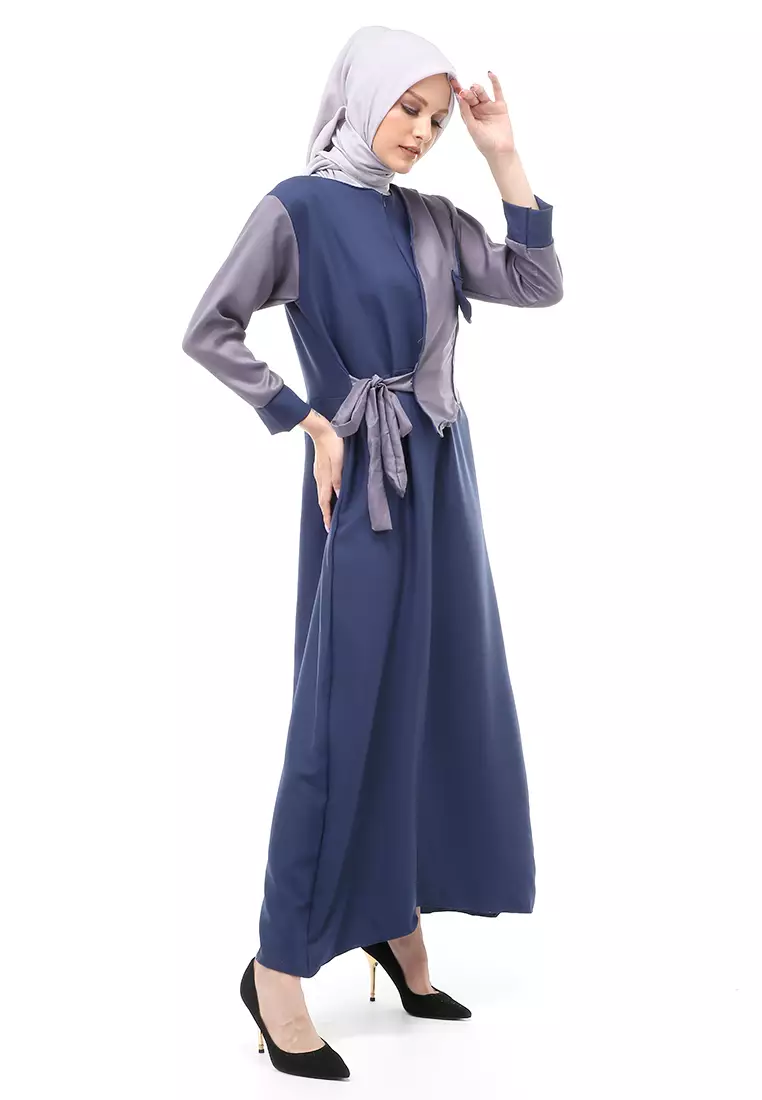 Andira Gamis Muslimah Wanita Dual Tone Color Aksen Tali Ikat Regular Fit - Navy