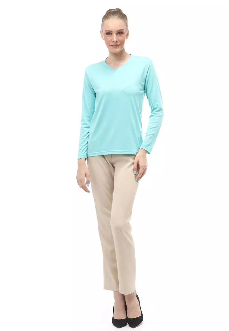 Kaos Polos Atasan Wanita V-Neck Lengan Panjang Design Simple Relaxed Fit - Mint