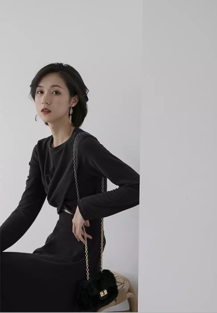 Knotted Long Sleeve T-shirt + Half-length Skirt Suit CA100814BK