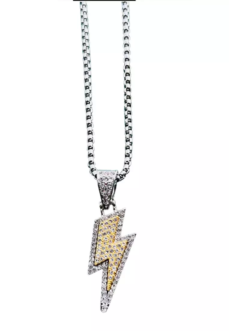 Aksesoris Pria Studded Lightning Pendant Necklace Kalung Pria Titanium Silver & Gold