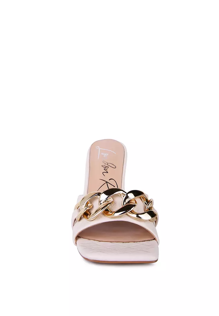 Latte Quilted Metal Chain Heeled Sandals