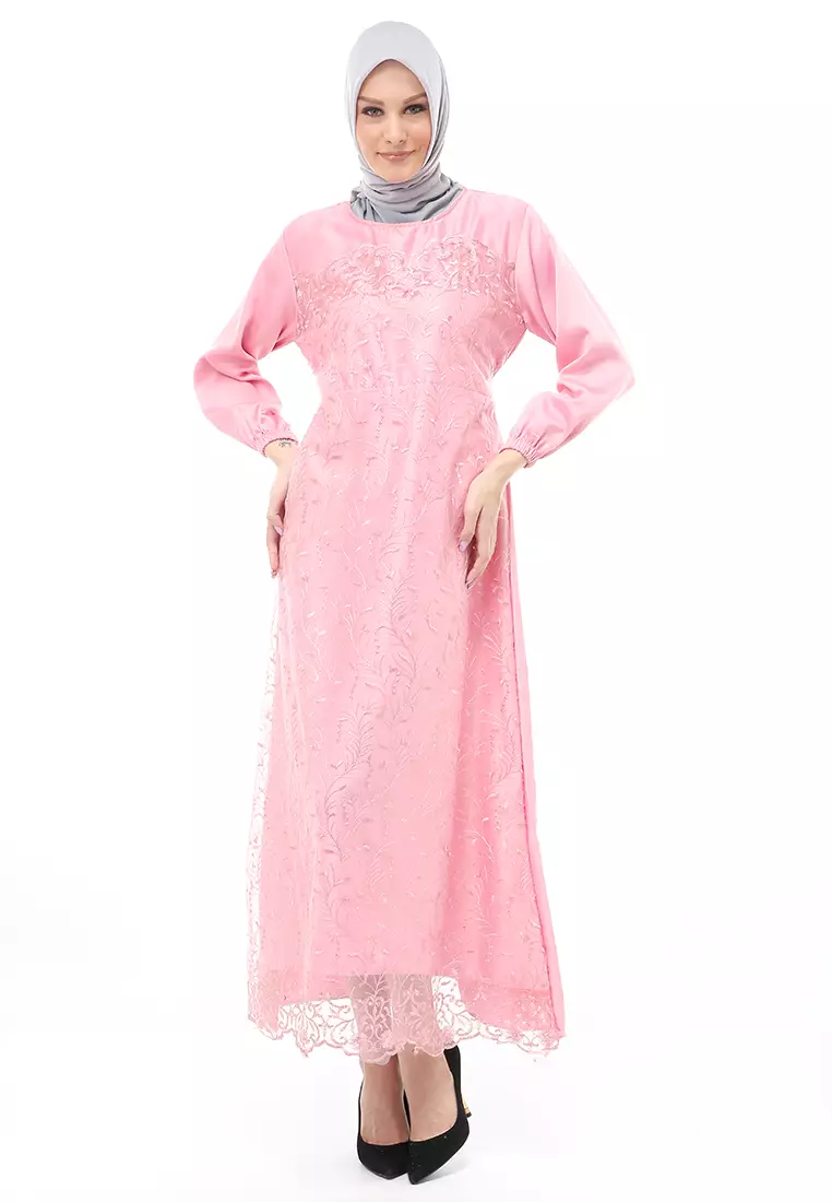 Monita Gamis Brokat Tile Wanita Muslimah Regular Fit - DustyPink