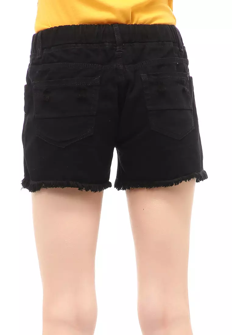 Short Jeans Wanita Aksen Ripped Self Tie Belt Premium Quality - Black