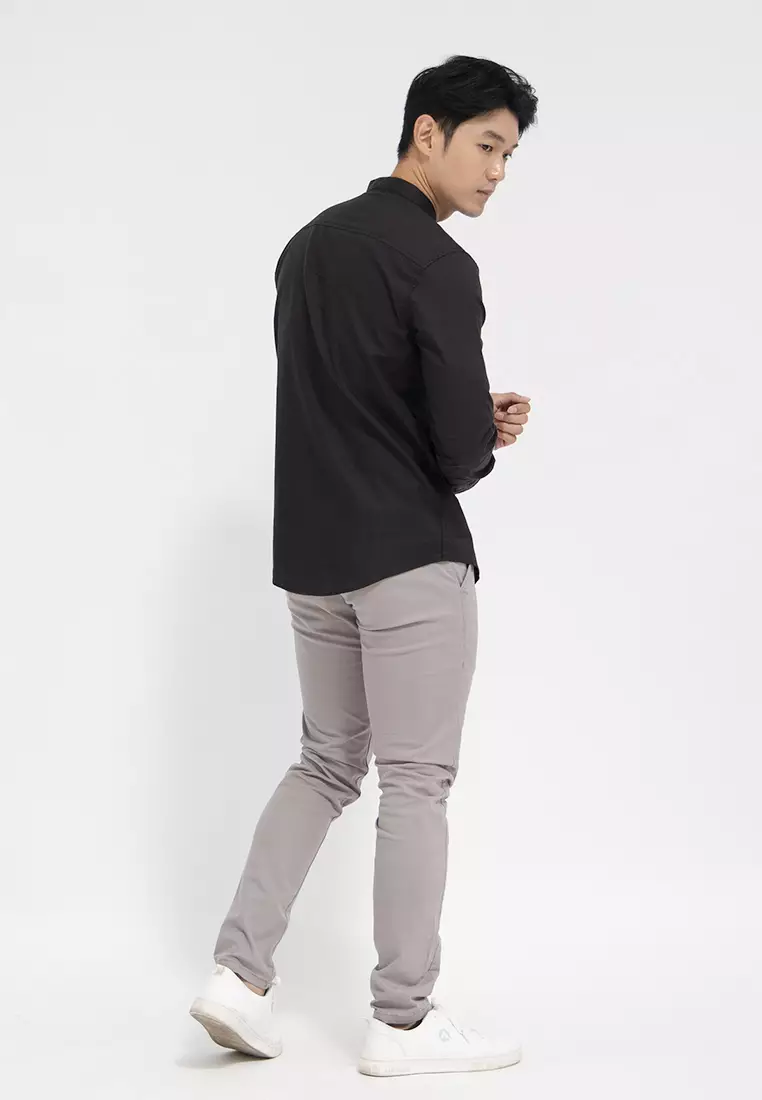 Kemeja collarless koko Slub hitam OXCON Black