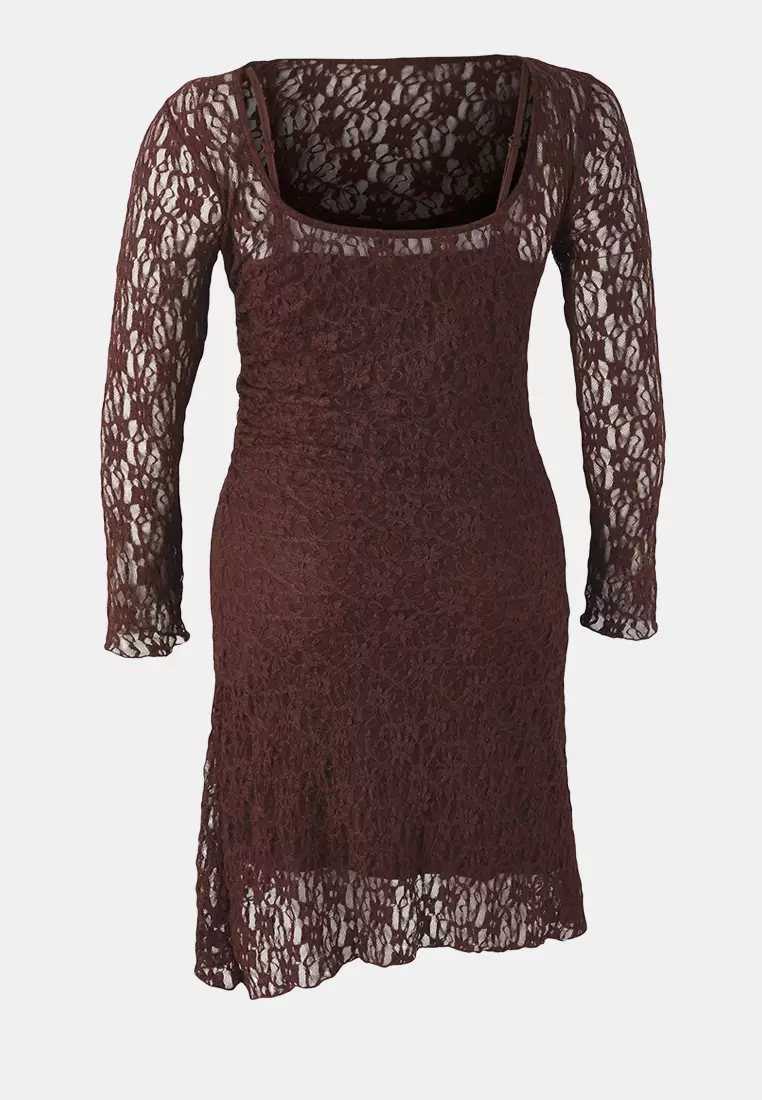 Brown Teen Lace Knitted Mini Plus Size Dress Tbbaw26Ah00042