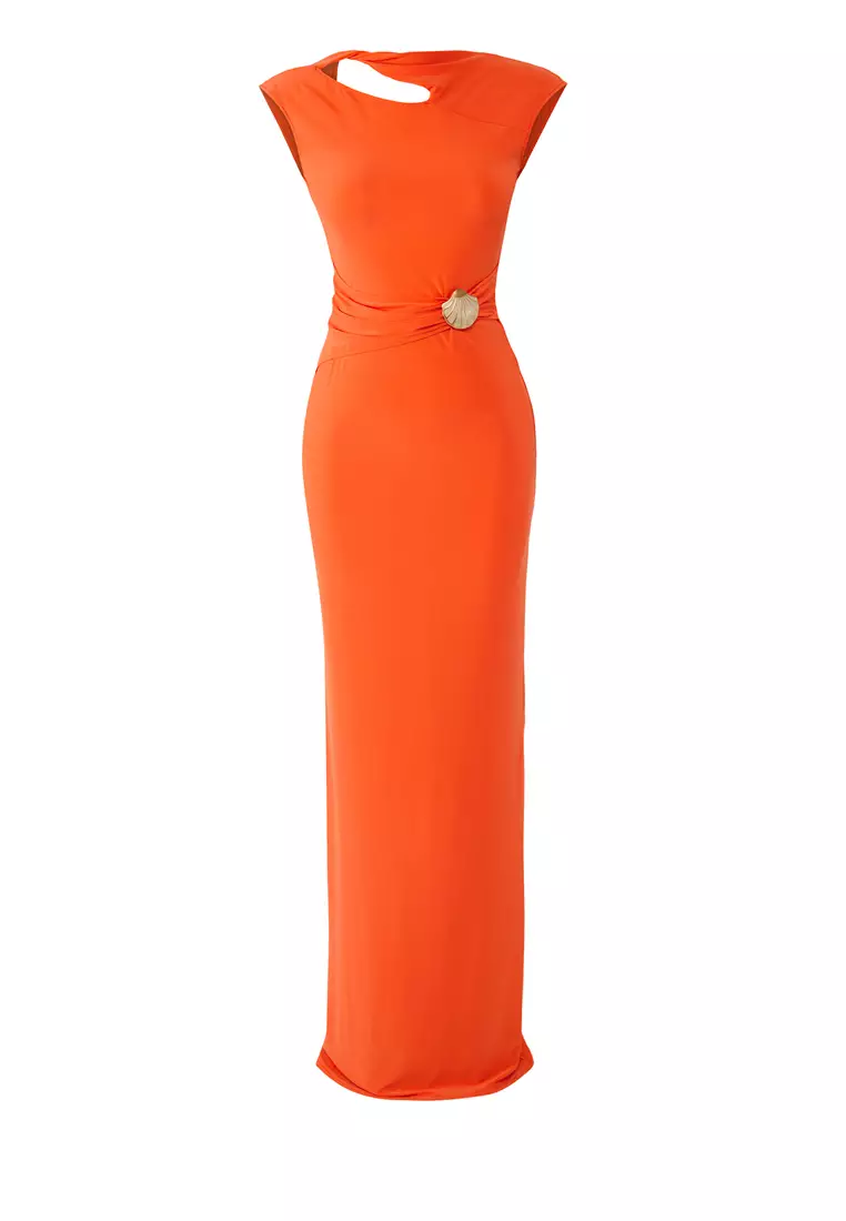 Orange Accessory Detailed Knitted Long Elegant Evening Dress Graduation Dress TPRSS25AE00097