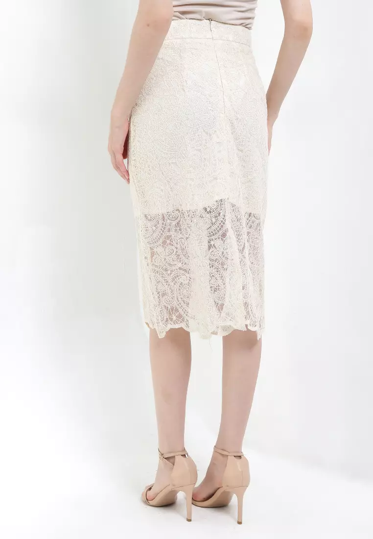 Sequined Lace Midi Pencil Skirt W/ Slit