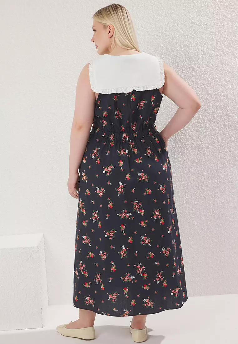 Multicolored Floral Poplin 100% Cotton Baby Collar Midi Woven Plus Size Dress TBBSS25AH00158