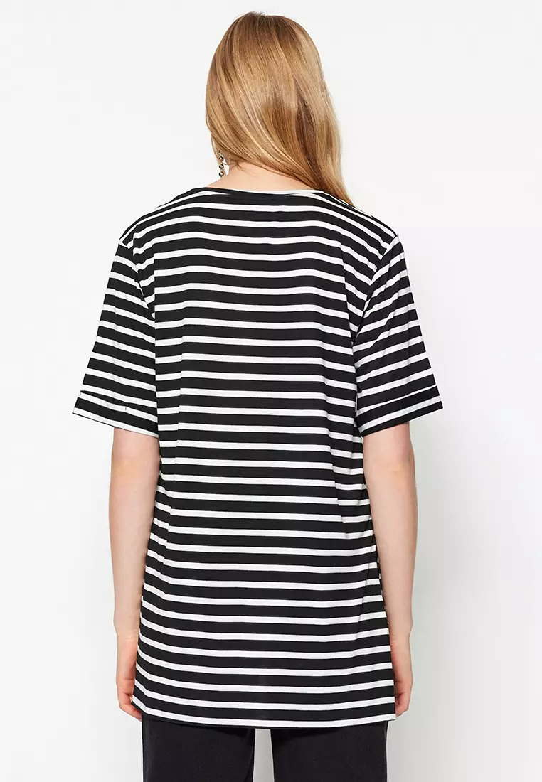 Stripe Pattern T-Shirt with Slit Detail