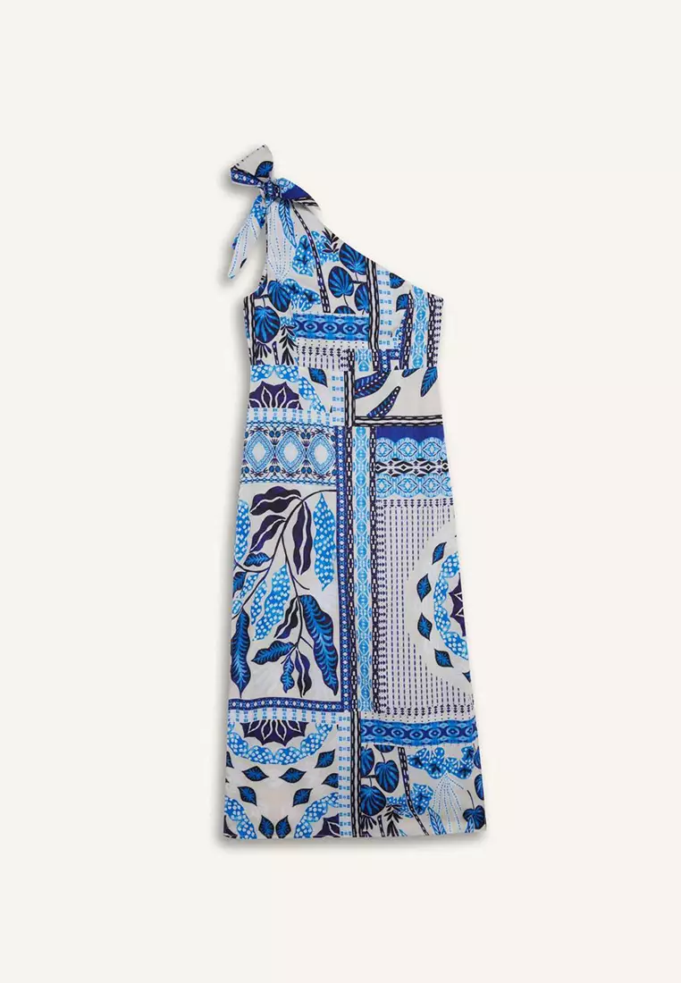 Tropical Print One Shoulder Poplin Dress