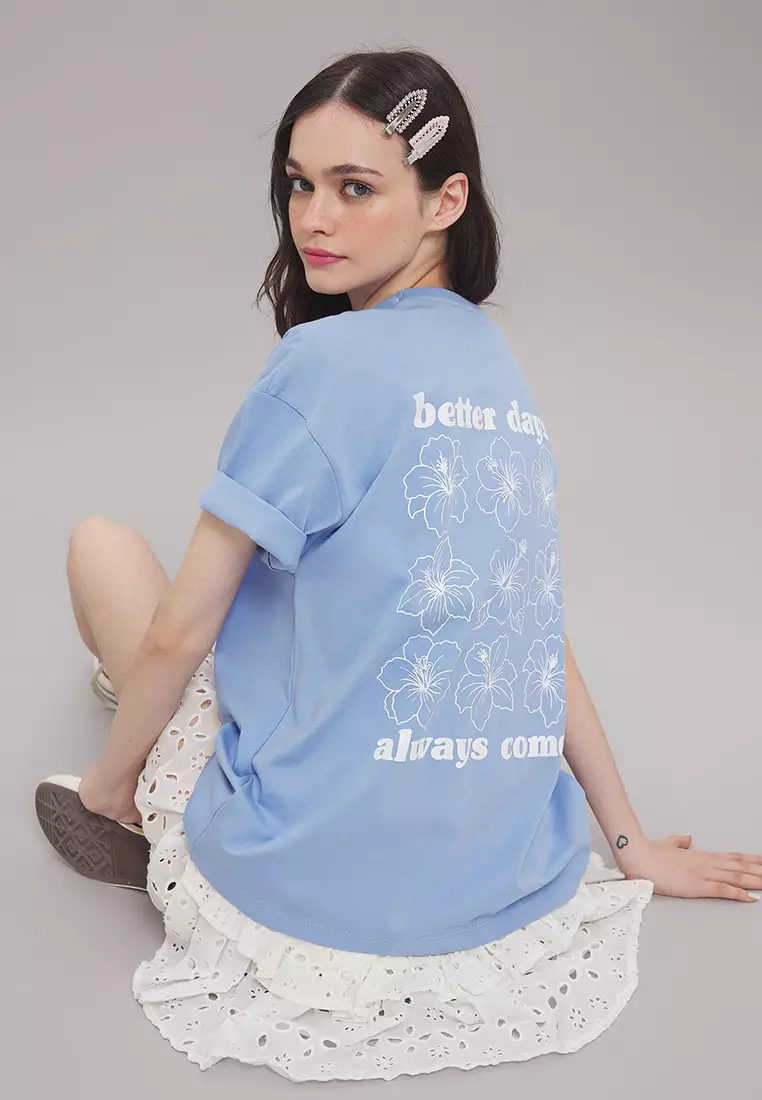 Light Blue Oversize/Wide Pattern Front Back Printed Knitted T-Shirt