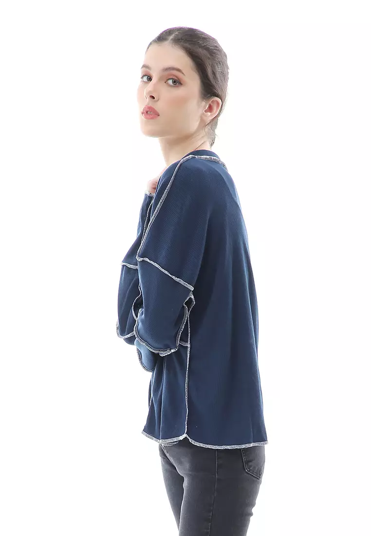 Veronica Blouse Terbalik Relaxed Motif Polos Long Sleeve Premium Quality - Navy