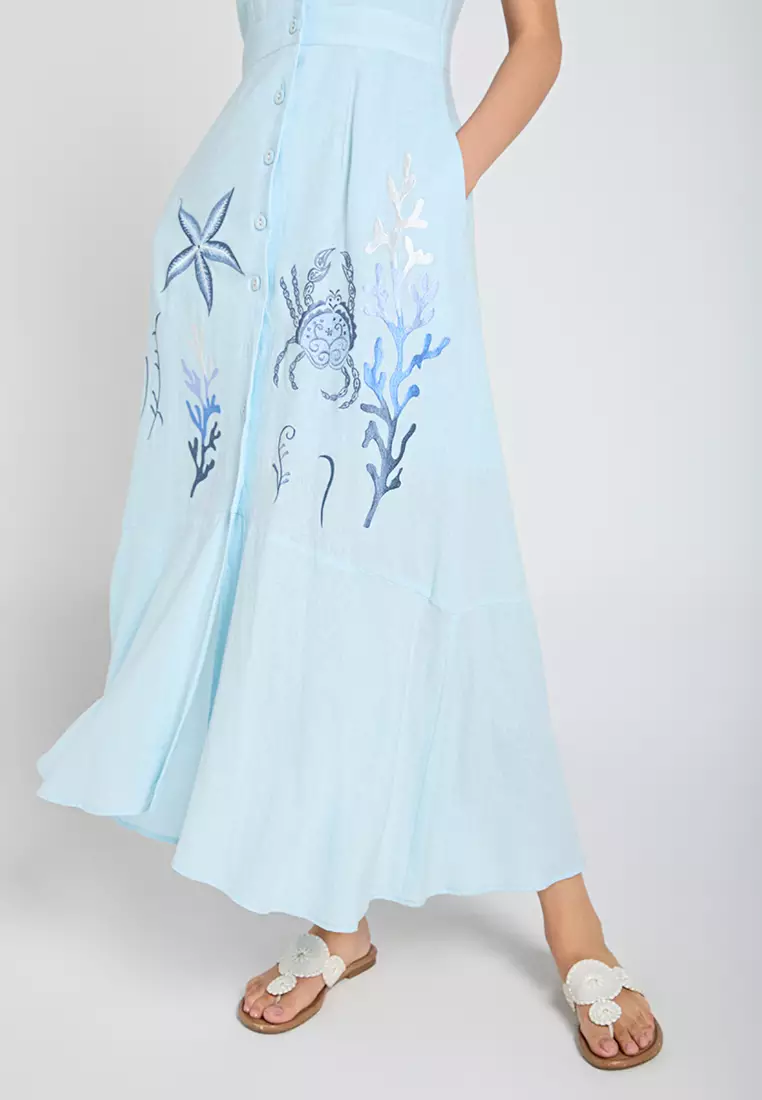 Sleeveless V-neck Embroidered Linen Maxi Dress