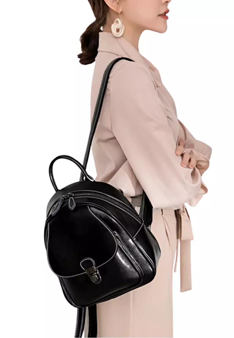 Women's Retro Zipper Cowhide Leather Backpacks