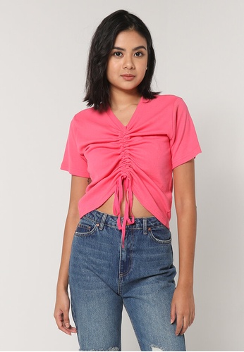 UniqTee pink Pull String Crop Top 44033AACA9A601GS_1