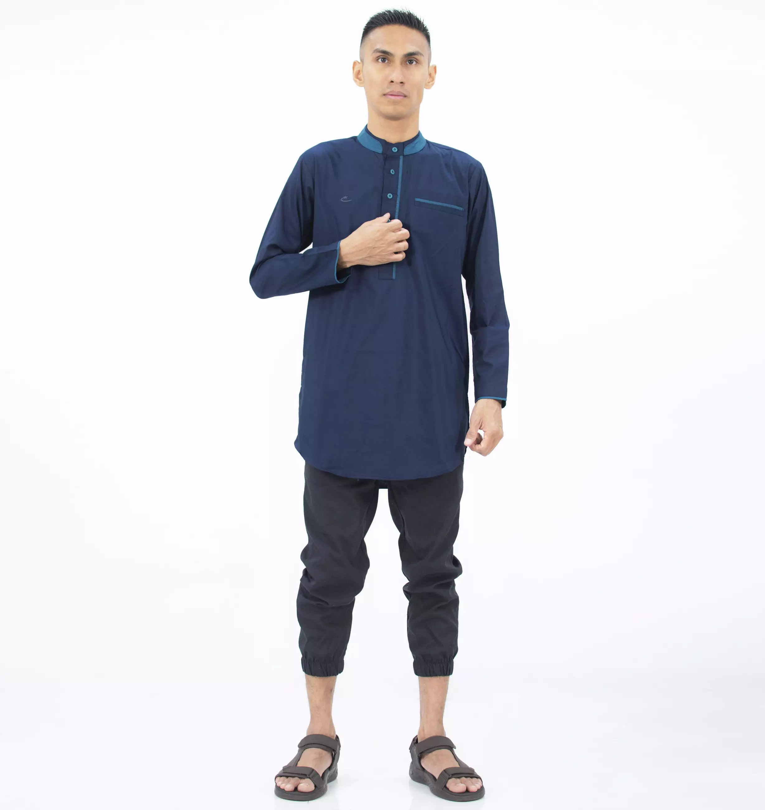 DHABI Kemeja Kurta Lengan Panjang Baju Kurta Lengan Panjang Outfit Idul Fitri - NAVY