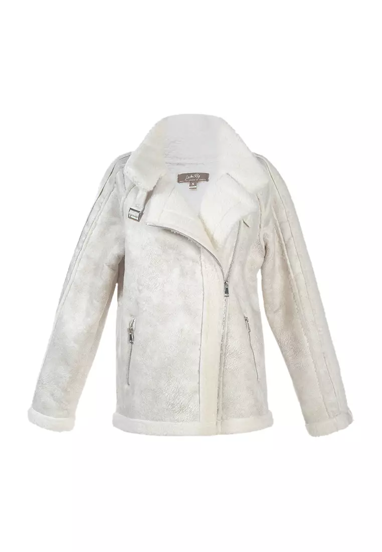 Buy London Rag Fur Lined Faux Leather Biker Jacket in Cream 2024