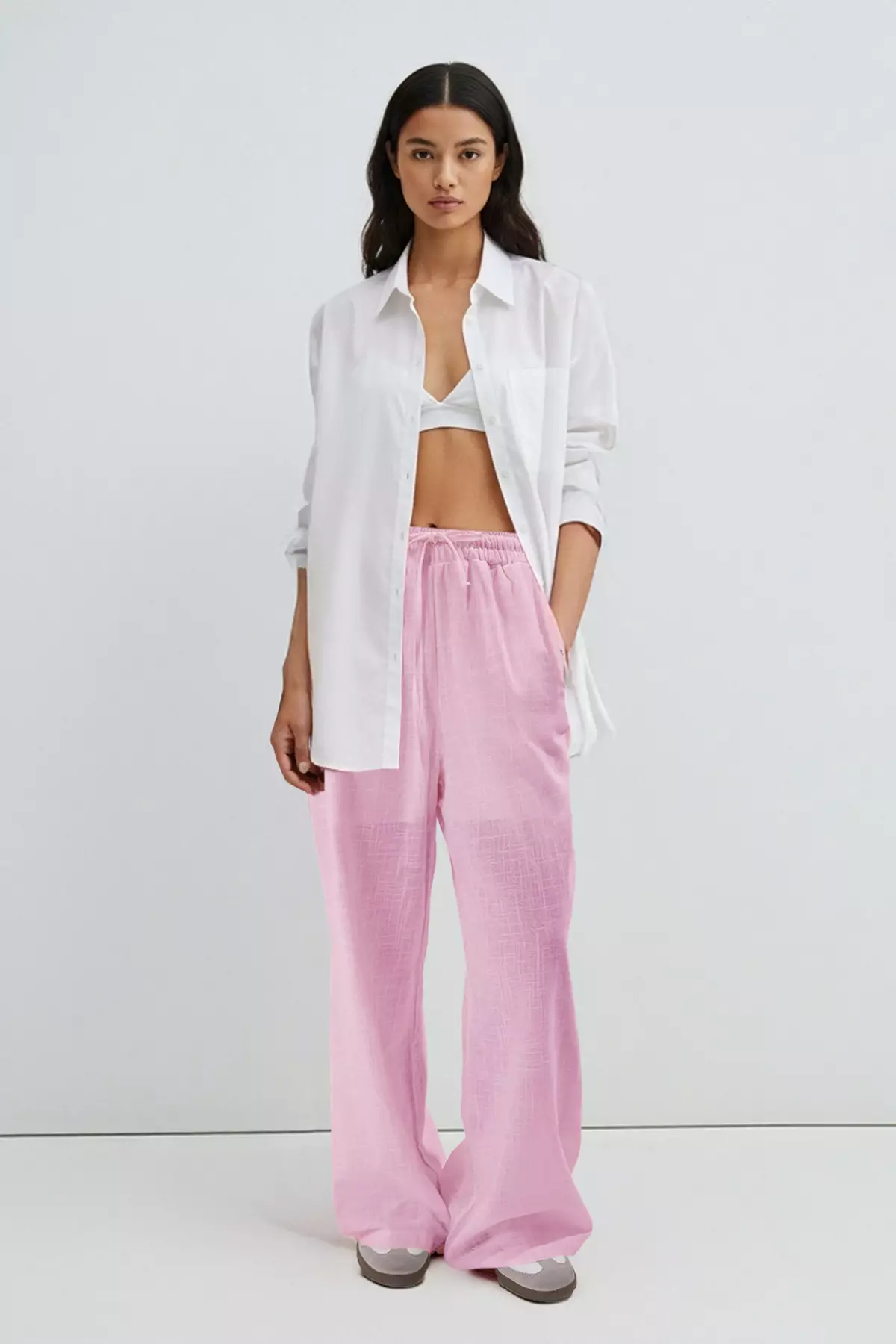 Light Pink Linen Look Wide Leg Shorts Lined Elastic Waist Pants