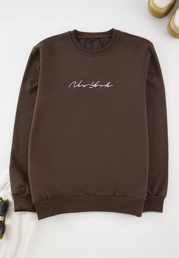 Brown 100% Cotton  Regular Cut City Embroidered Crew Neck Sweatshirt TMNAW23SW00481