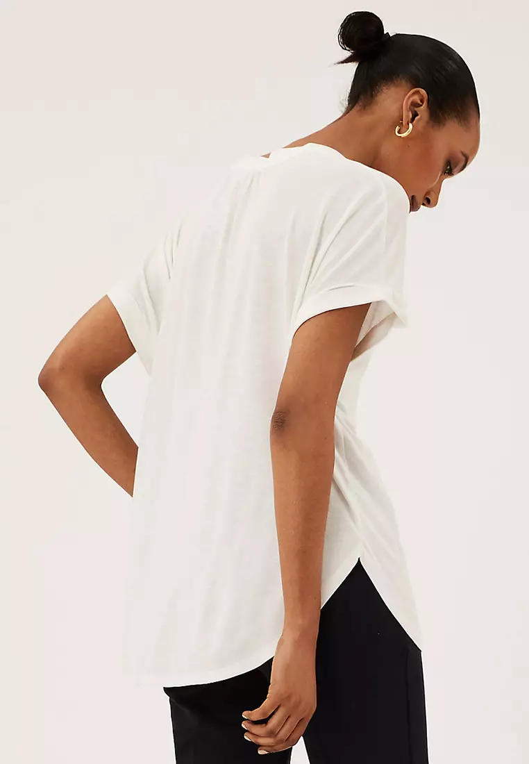 Jersey V-Neck Short Sleeve Popover Blouse