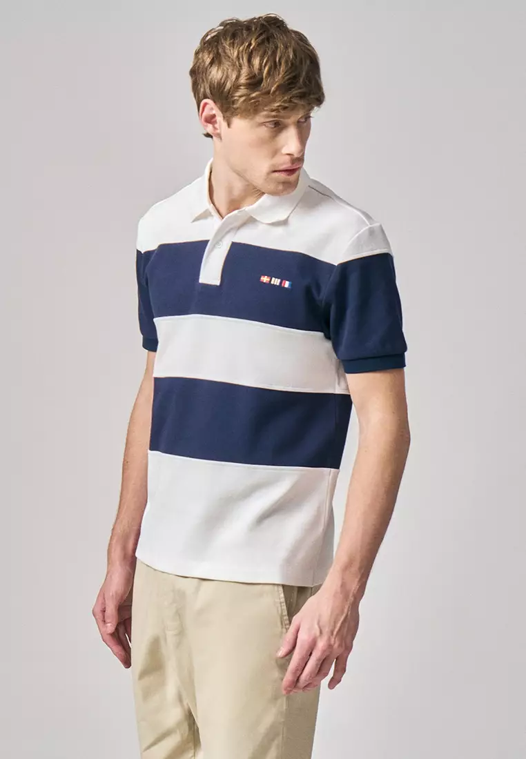 Regular Fit Color-Block Polo Shirt With Sailing Flag Icon Embroidery In Pique