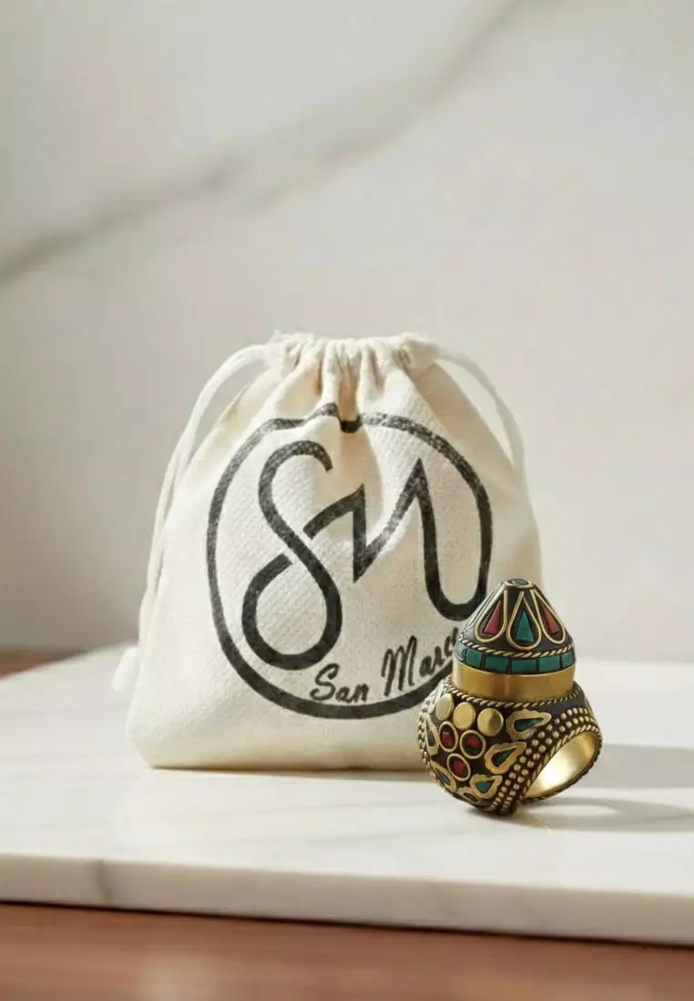 Aksesoris Cincin Wanita Afgan Inlay Mosaic Brass  Ring Gold, Red & Turquoise