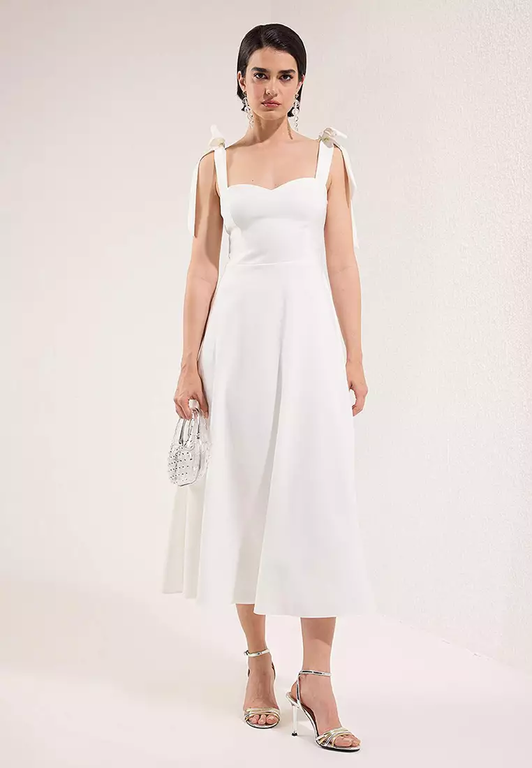 White A-Line Strap Binding Detail Woven Midi Stylish Evening Dress Night Graduation Dress Tprss24El00251