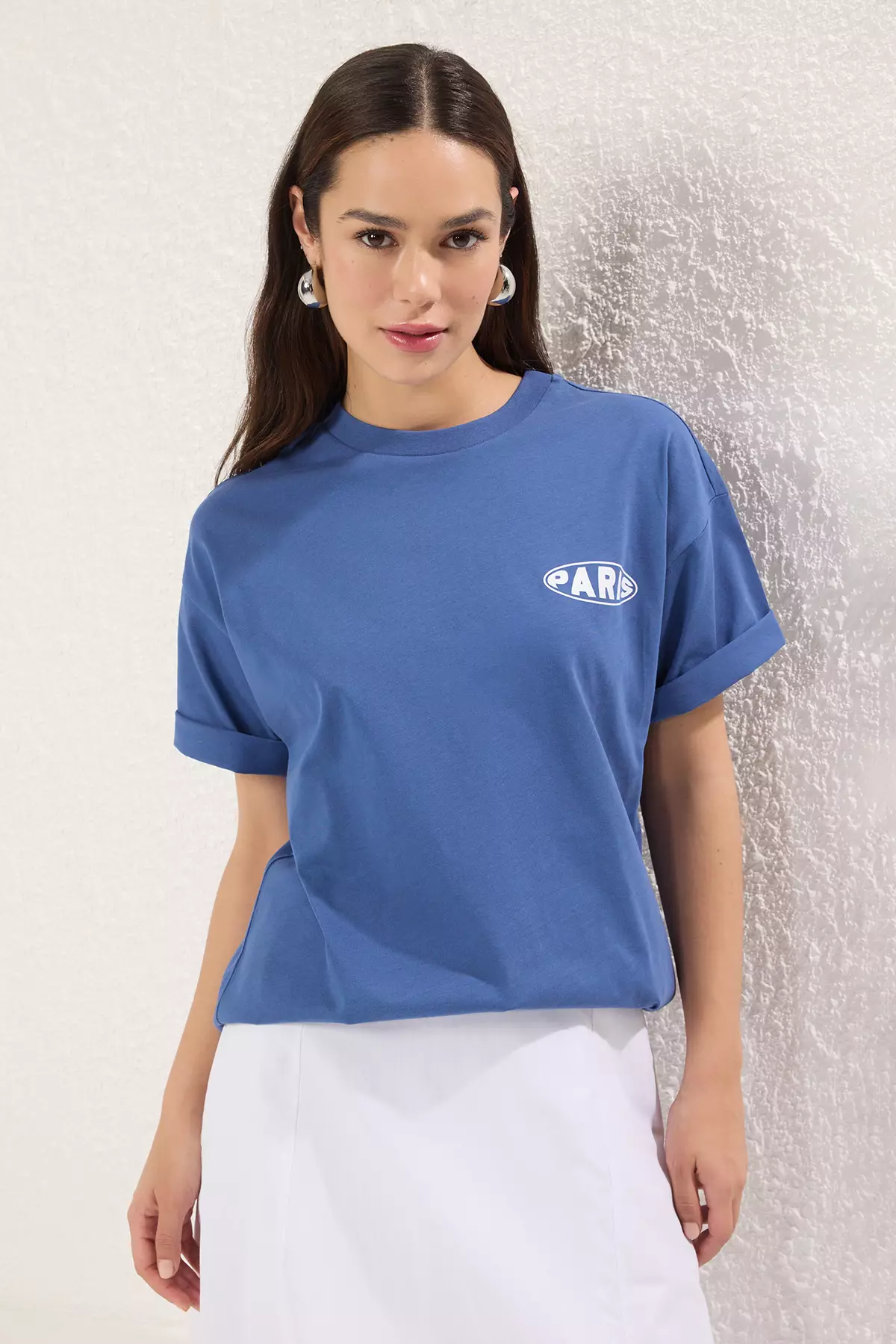 Indigo printed 100% Cotton Premium Oversize/Wide Pattern Crew Neck Knitted T-Shirt TWOSS23TS00040