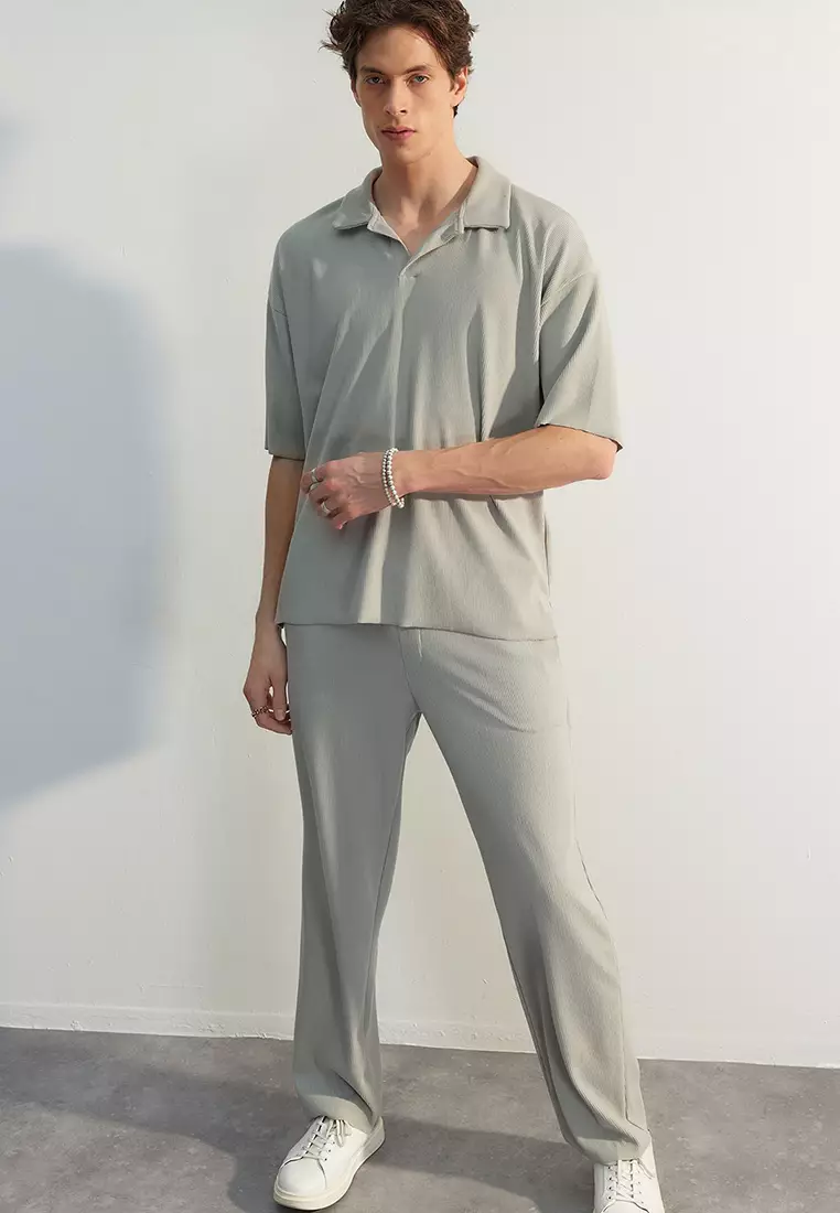 Premium Plus Size Stone Oversize Textured Ottoman Polo Neck T-Shirt TMNSS24BF00047