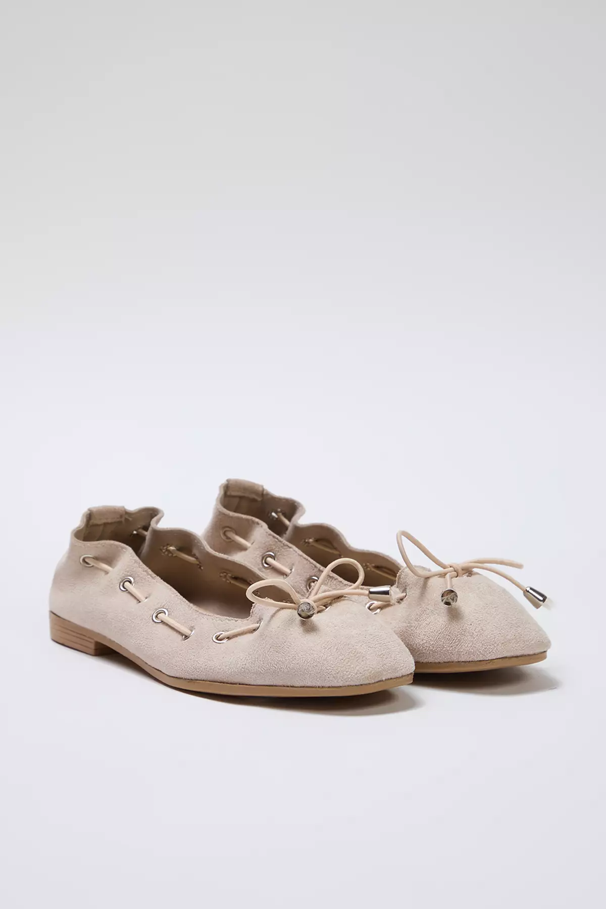 Beige Lacing Detailed Almond Toe Women's Ballerinas Takss25Be00004