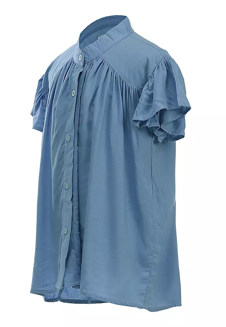 Octavia Blouse Curly Anak Perempuan Motif Polos Atasan  Lengan Pendek Material Cotton ORIGINAL - Baby Blue