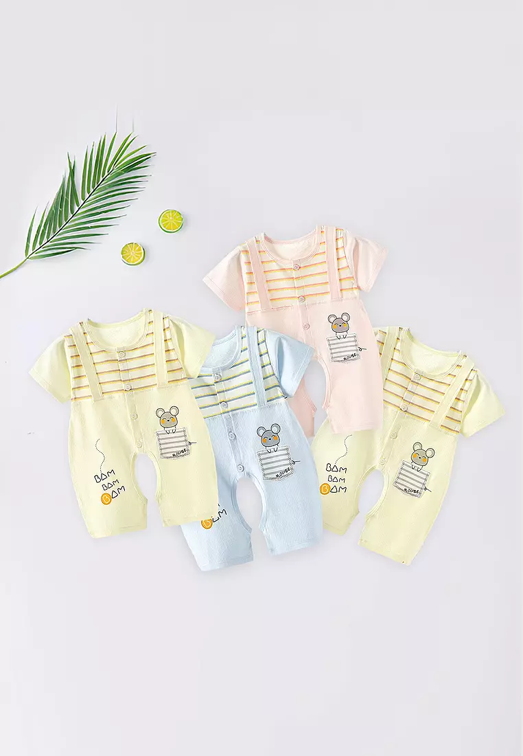 Jumpsuit Bayi Jumper Pendek Anak Romper Baju Kodok Motif Bear Garis Garis Import 4236 Venrz Pink
