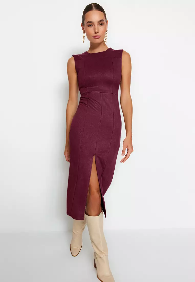 Purple Plain Midi Woven Dress TWOAW24EL00321