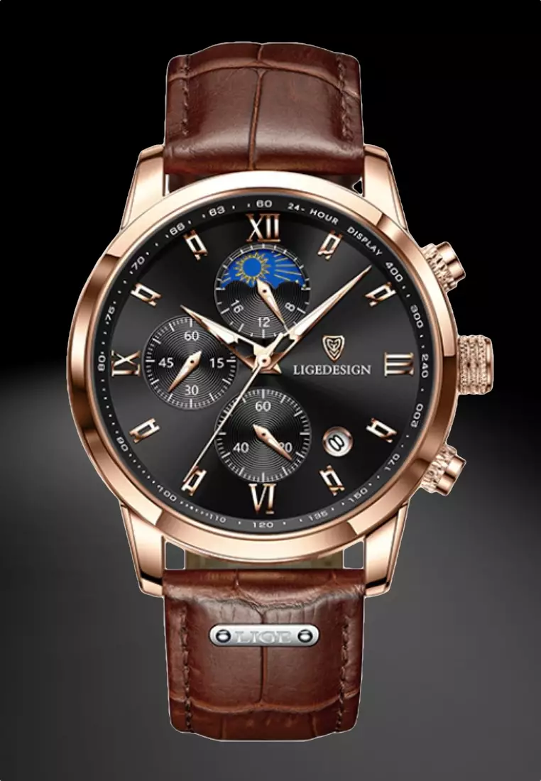 Chronograph, Unisex, IP Rose Gold Stainless Steel Quartz Watch 43mm, black dial, on Brown Leather Strap