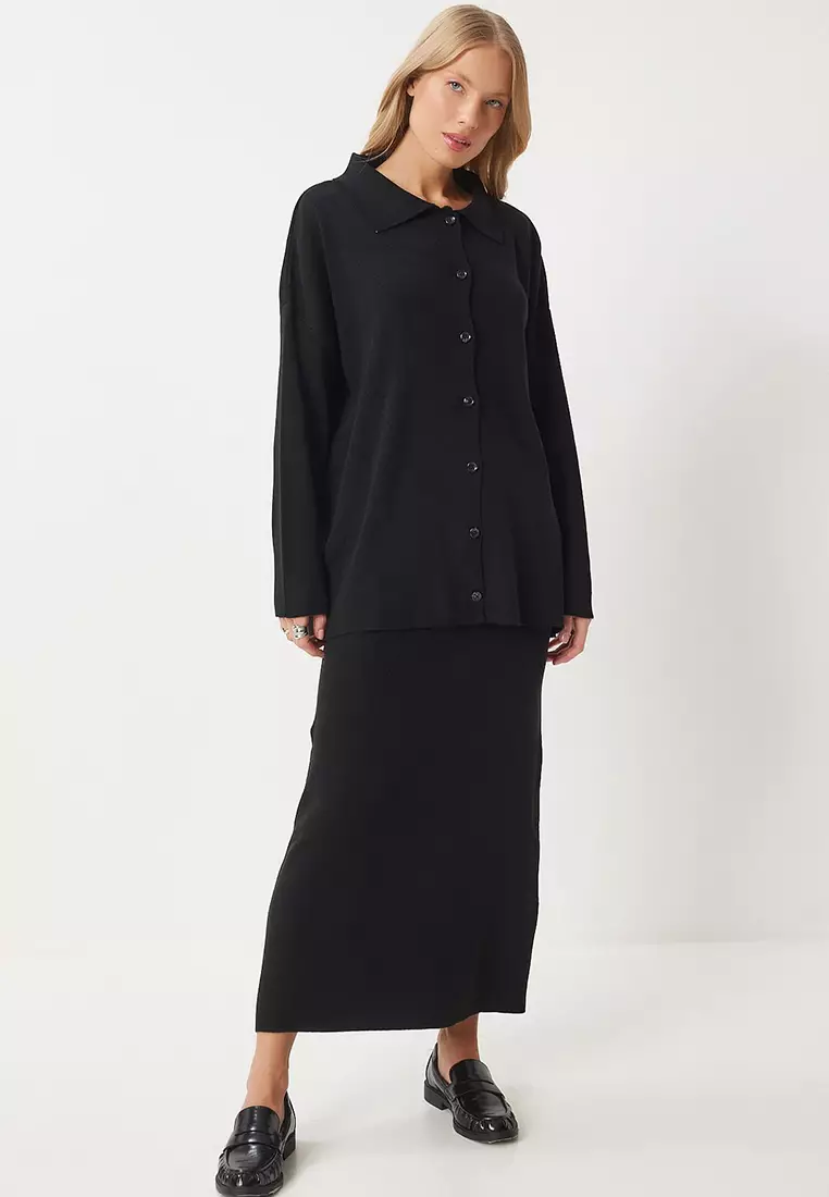 Polo Neck Knitwear Cardigan Skirt Set