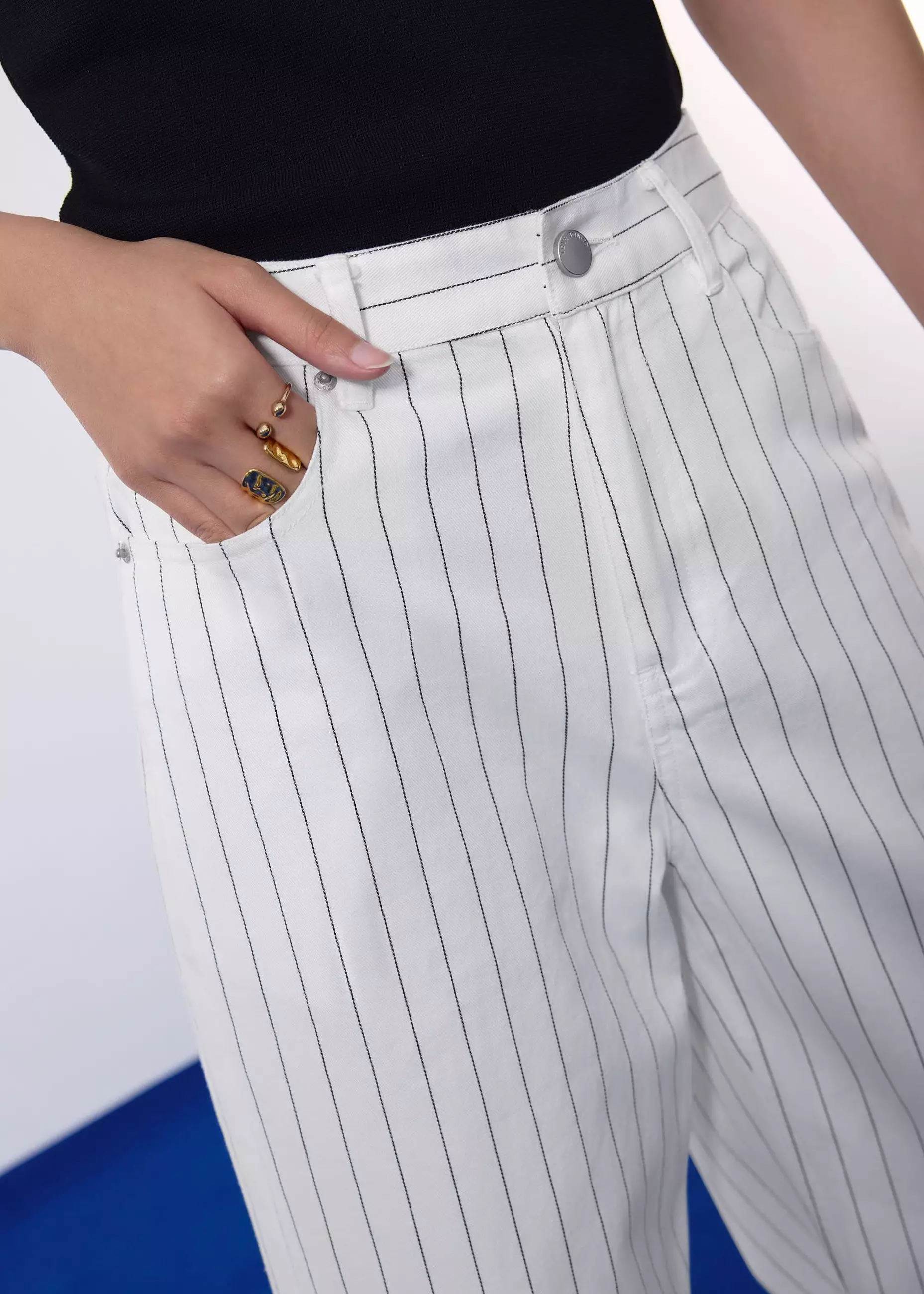 Celana Panjang Wanita - Pinstripe Cotton Twill 5-Pocket High Rise Straight Leg Pants