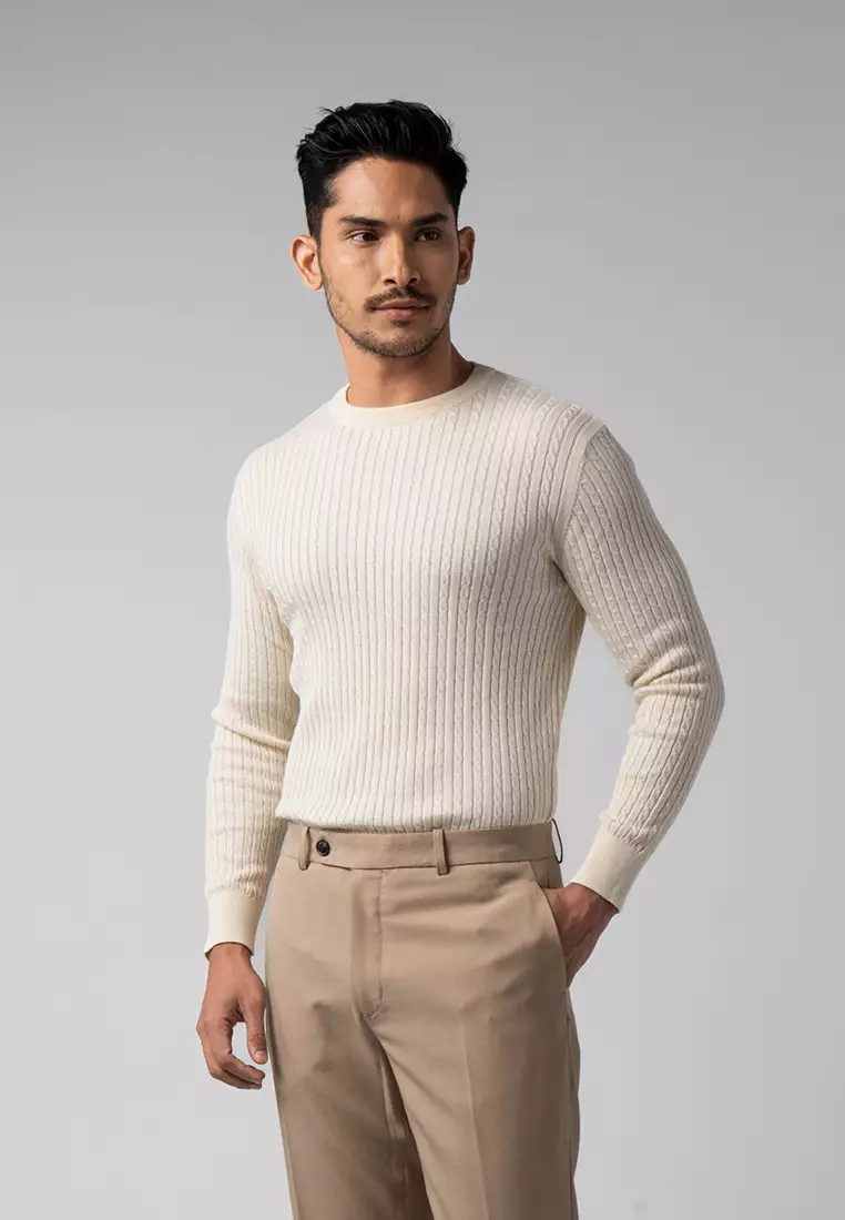 Mens Cable Knit Cotton Sweater Off White LS